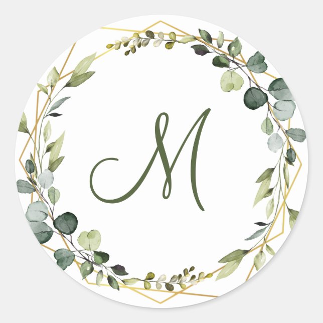 Modern Eucalyptus Wreath MONOGRAM Boho Classic Round Sticker (Front)