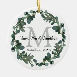 Modern Eucalyptus Wreath Monogram Wedding Keepsake Ceramic Ornament