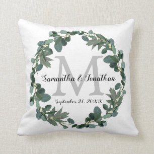 Modern Eucalyptus Wreath Monogram Wedding Keepsake Throw Pillow