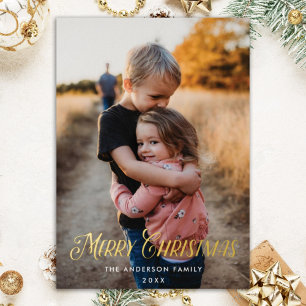 Modern Evergreen Christmas Two Photo Vertical Foil Holiday Card