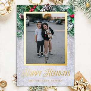 Modern Evergreen Christmas Two Photo Vertical Foil Holiday Card