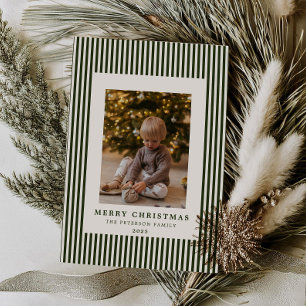 Modern Evergreen Pinstripe Christmas Family Photo Holiday Card