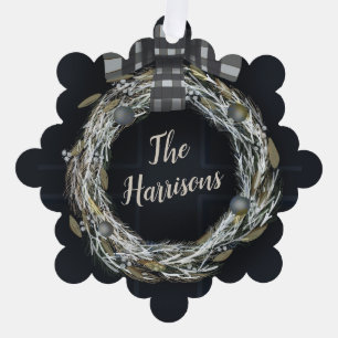 Modern Evergreen Wreath Family Photo Ornament Card