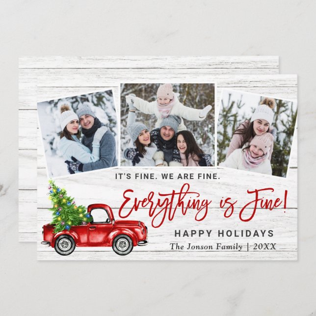 Modern Everything is Fine Christmas 3 Photo Holiday Card (Front/Back)