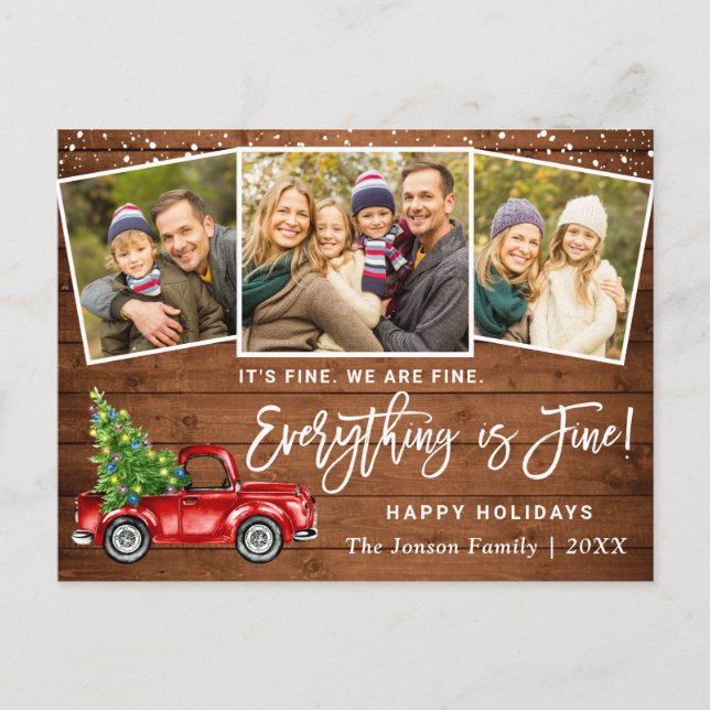 Modern Everything is Fine Christmas 3 Photo Postcard (Front)