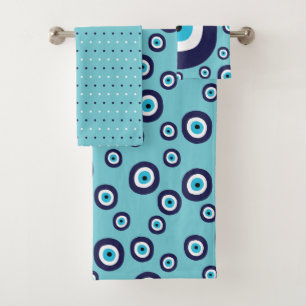 Modern Evil Eye Navy Blue Aqua Circles Pattern Bath Towel Set