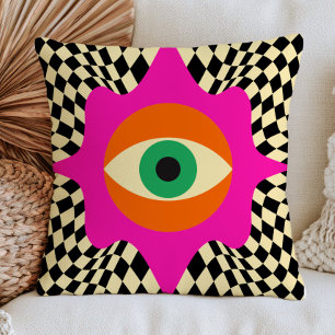 Modern Evil Eye on Chequered Pattern Bold Funky  Throw Pillow