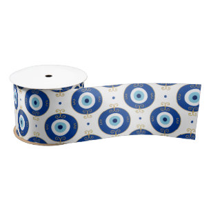 Modern Evil Eye Pattern Blue & Gold Protection Satin Ribbon