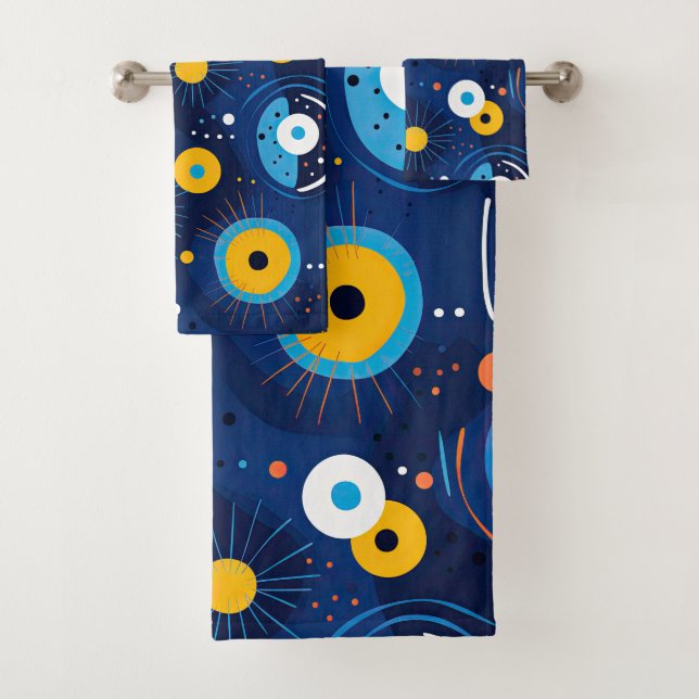Modern Evil Eye Pattern Navy Blue BOHO Bath Towel Set (Insitu)
