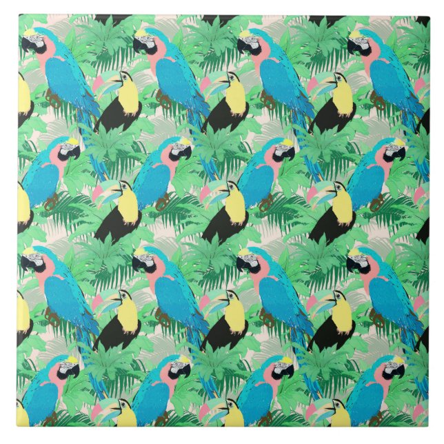 Modern Exotic Birds & Foliage Tropical Design Tile (Front)