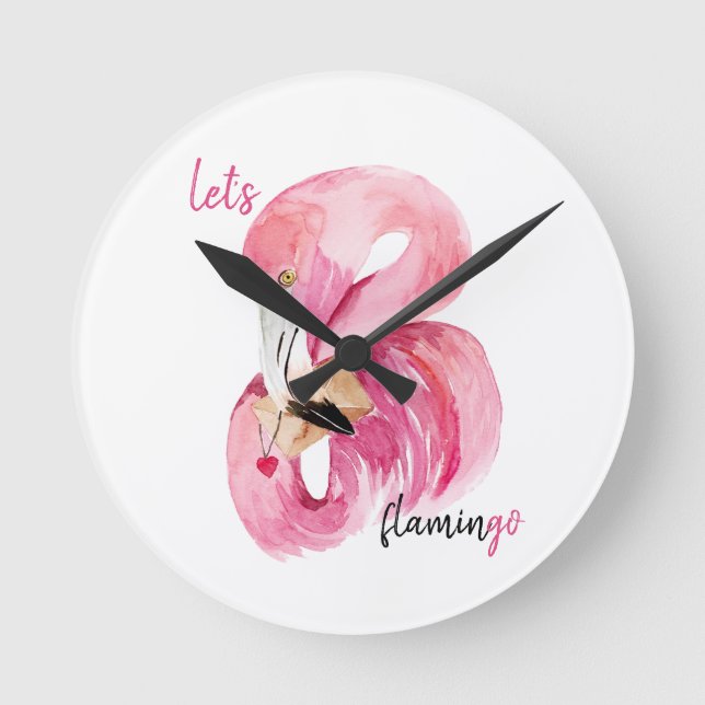 Modern Exotic Pink Let's Flamingo Watercolor   Round Clock (Front)