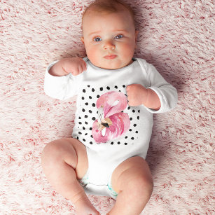 Modern Exotic Pink Watercolor Flamingo & Dots Baby Bodysuit