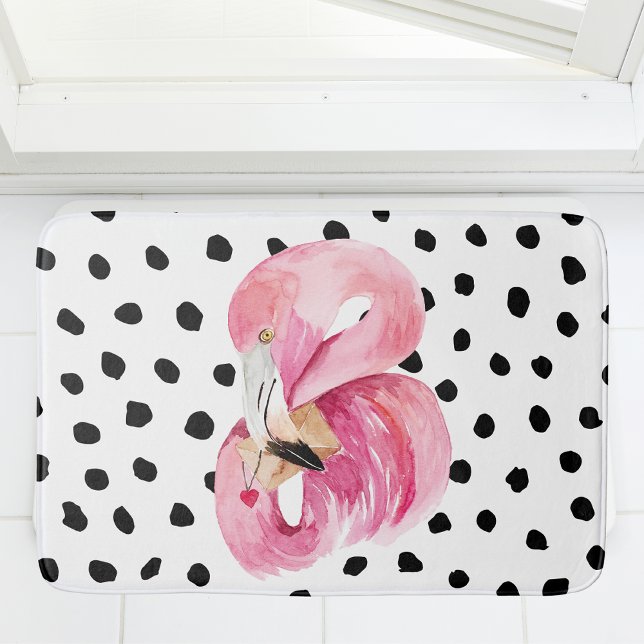 Modern Exotic Pink Watercolor Flamingo & Dots Bath Mat (Creator Uploaded)