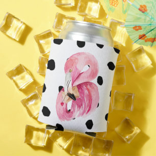 Modern Exotic Pink Watercolor Flamingo & Dots Can Cooler