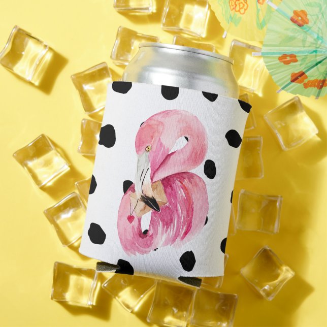 Modern Exotic Pink Watercolor Flamingo & Dots Can Cooler (In Situ Summer)
