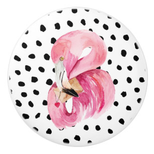 Modern Exotic Pink Watercolor Flamingo & Dots Ceramic Knob