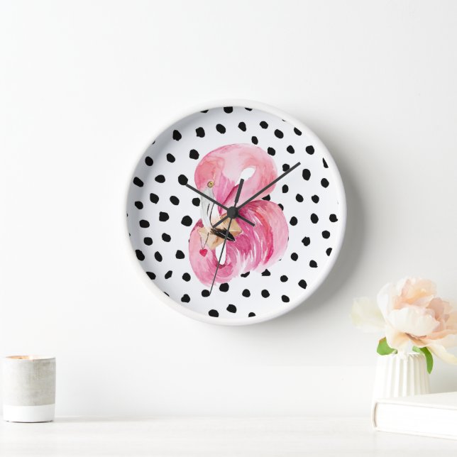 Modern Exotic Pink Watercolor Flamingo & Dots Clock (Home)