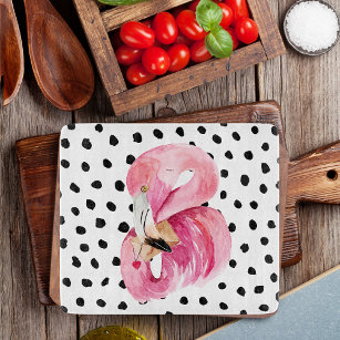 Modern Exotic Pink Watercolor Flamingo & Dots Cutting Board