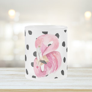Modern Exotic Pink Watercolor Flamingo & Dots Frosted Glass Coffee Mug