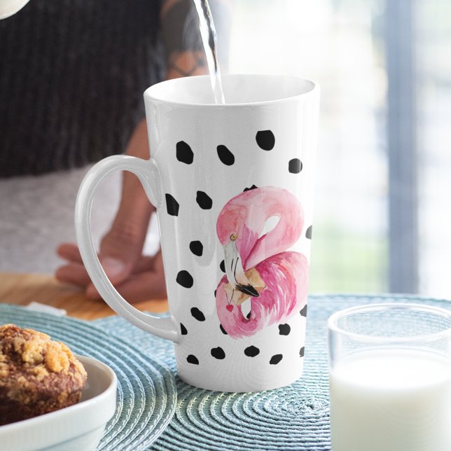Modern Exotic Pink Watercolor Flamingo & Dots Latte Mug (Creator Uploaded)