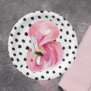 Modern Exotic Pink Watercolor Flamingo & Dots Paper Plate
