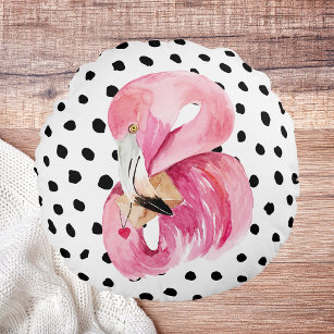Modern Exotic Pink Watercolor Flamingo & Dots Round Pillow