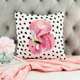 Modern Exotic Pink Watercolor Flamingo & Dots Throw Pillow