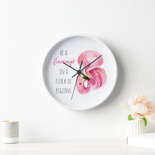 Modern Exotic Pink Watercolor Flamingo With Quote Clock (Home)