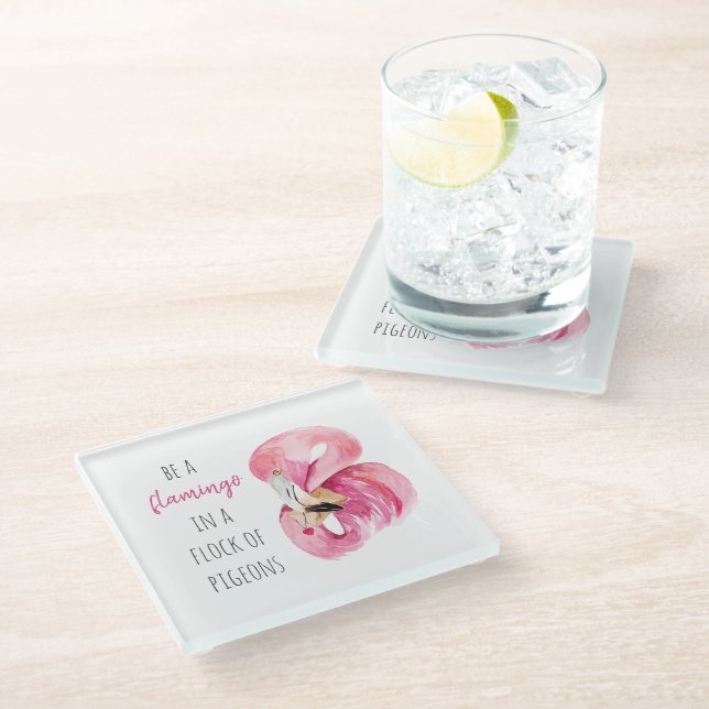 Modern Exotic Pink Watercolor Flamingo With Quote Glass Coaster (Angled)