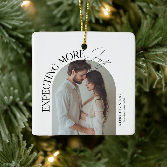 Modern Expecting More Joy Baby Photo Christmas Ceramic Ornament (Tree)