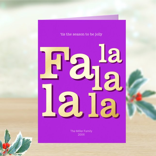 Modern Fa La Purple Simple Minimal Chic Gold Foil Holiday Card (Real gold foil printing adds a little glam to these personalized purple folded Christmas cards)