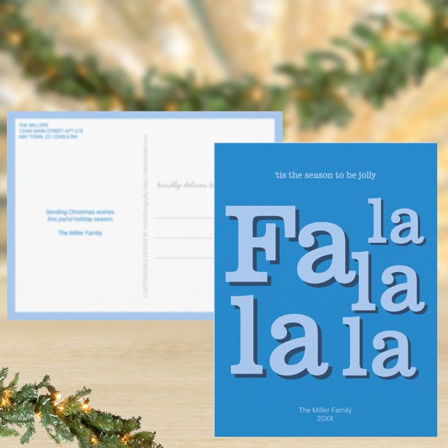 Modern Fa La Sky Blue Simple Minimal Christmas Postcard (Christmas postcards in a bold blue Fa la la la la typography design for a modern look)