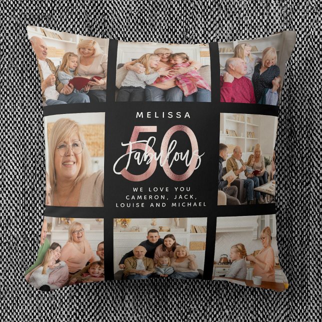 Modern Fabulous 50th Birthday Photos Rose Gold Throw Pillow (Creator Uploaded)