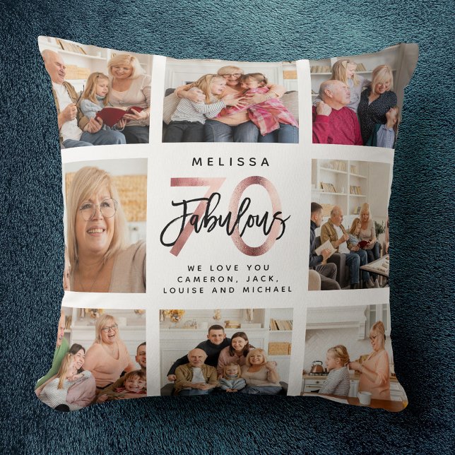 Modern Fabulous 70th Birthday Photos Rose Gold Throw Pillow (Creator Uploaded)