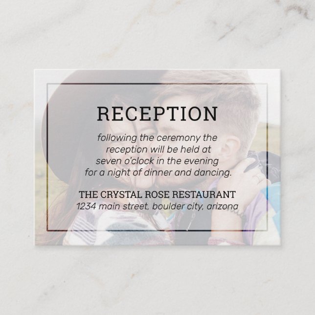 Modern Faded Photo Minimalist Typography Reception Enclosure Card (Front)
