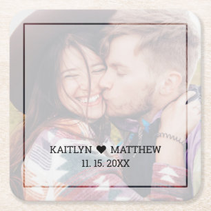 Modern Faded Photo Minimalist Typography Wedding Square Paper Coaster