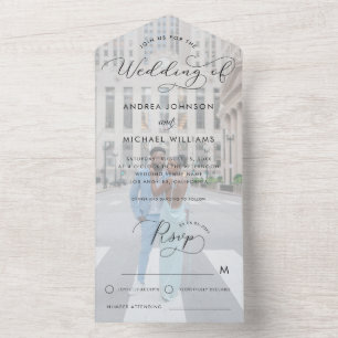 Modern Faded Photo Script Photo Wedding All In One Invitation