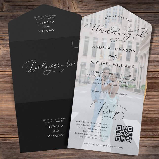 Modern Faded Photo & Script QR Code Photo Wedding All In One Invitation (Creator Uploaded)