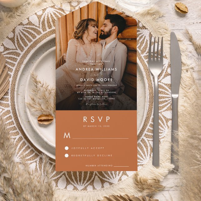 Modern Fading Photo Terracotta Simple RSVP Wedding All In One Invitation (Creator Uploaded)