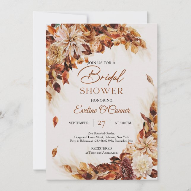 Modern fall and autumn flowers leaves wreath invitation (Front)