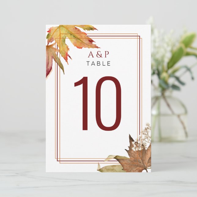 Modern Fall Autumn Leaves Wedding table number (Standing Front)