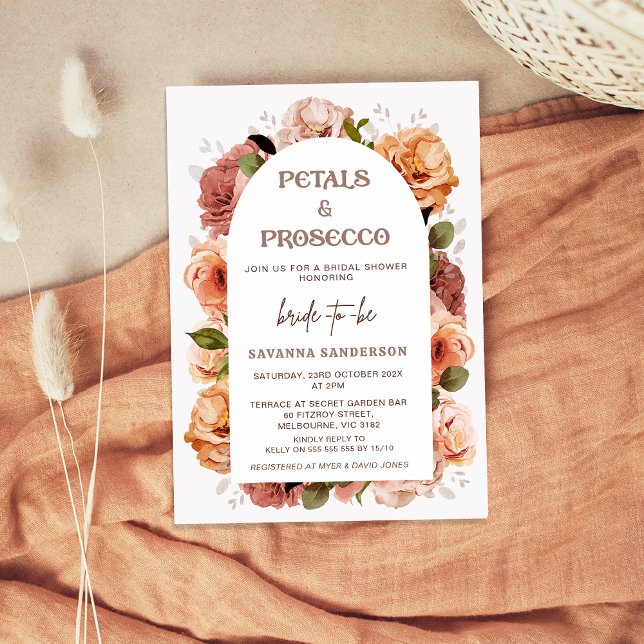Modern Fall Floral Petals Prosecco Bridal Shower Invitation (Modern Floral Fall Petal and Prosecco Bridal Shower Invitation, Arch, Petal Prosecco Invitation)