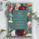 Modern Fall Floral Teal 40th Birthday Party Invitation<br><div class="desc">A modern fall floral birthday party invitation in a with rich colour palette in jewel tones of teal, burgundy red, russet orange, and blush pink creates a lovely floral border surrounding your text. These colours are often used from late-summer into fall and through the winter months. A thin handwritten script...</div>