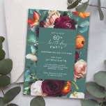 Modern Fall Floral Teal 60th Birthday Party Invitation<br><div class="desc">A modern fall floral birthday party invitation in a with rich jewel tone colour palette of teal, burgundy red, russet orange, and blush pink creates a lovely floral border surrounding your text. These colours are often used from late-summer into fall and through the winter months. A thin handwritten script type...</div>