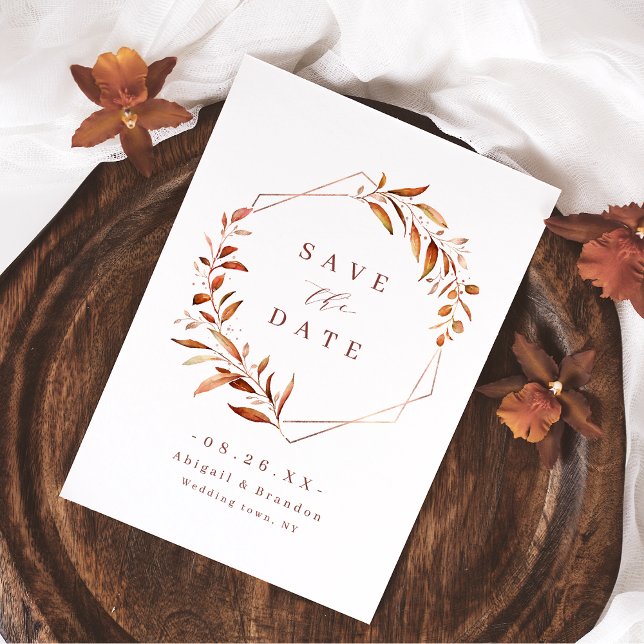 Modern Fall Greenery Geometric Rustic Wedding Save The Date (Creator Uploaded)