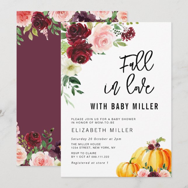 modern fall in love blush burgundy baby shower invitation (Front/Back)