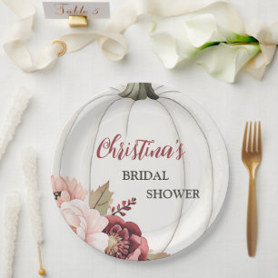 Modern Fall in Love Pumpkin Floral Bridal Shower Paper Plate