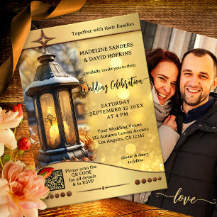 Modern Fall Lantern Gold Sparkles Wedding Invitation