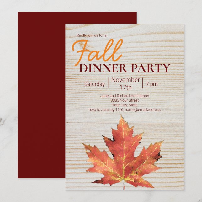 Modern Fall Leaf Burgundy Dinner Party Invitation (Front/Back)