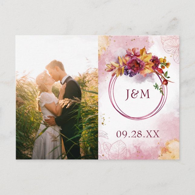 Modern Fall Leaves Marsala Photo Save The Date Invitation Postcard (Front)